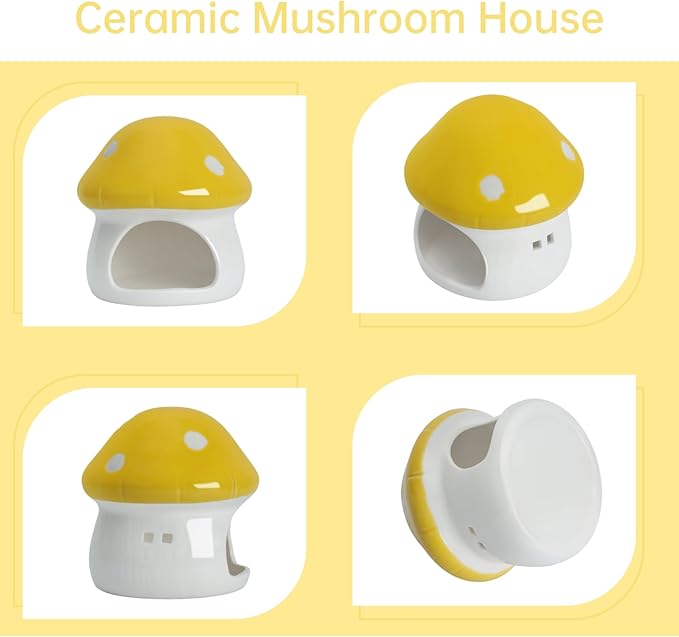 AnRui Ceramic Mushroom Aquarium Decor Cute Mini House Betta Fish Tank Accessories Decoration Hideaway Hideout Cave Ornament for Small Fish, Shrimp, Goldfish and Reptiles (Yellow, Small)