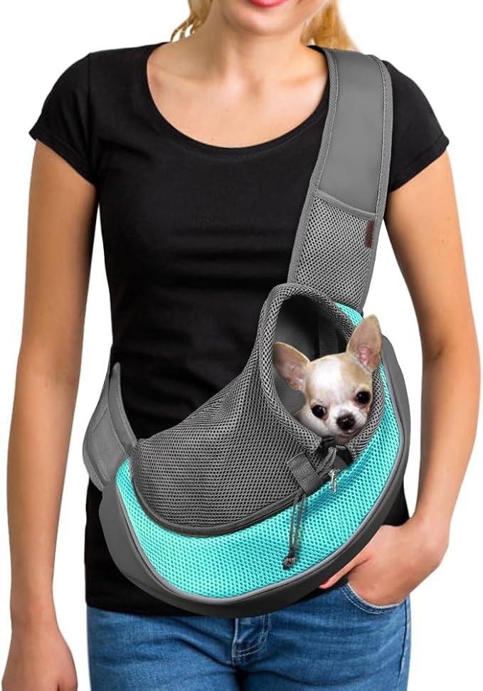 YUDODO Pet Sling Carrier for 5-9 lbs Small Dogs Cat Puppy Crossbody Carrier | Hands-Free, Safety Hook, Large Zipper Pocket, Soft Breathable Mesh, Adjustable Strap, Reflective Strip, Cyan, M