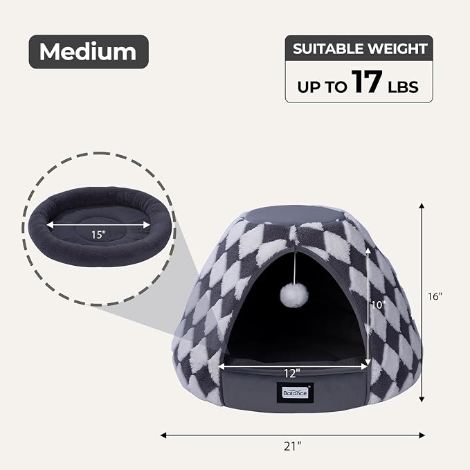 BALANCE Cat Beds for Indoor Cats, 2-in-1 Cat Bed Cave with Anti-Slip Bottom and Ultra-Soft Plush, Cozy Cats House Tent for Kittens and Small Dogs, 21 Inches, Dark Grey