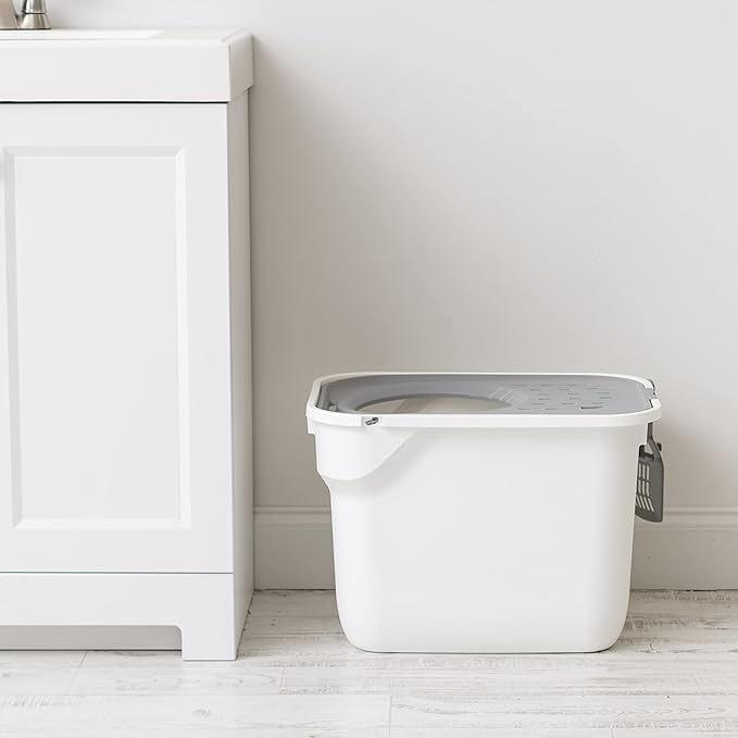 IRIS USA Cat Litter Box Large Top Entry with Lid, Enclosed Litter Box with Litter Catching Lid & Scoop, Covered Cat Litter Box Enclosure for Privacy, High Sided, White/Gray
