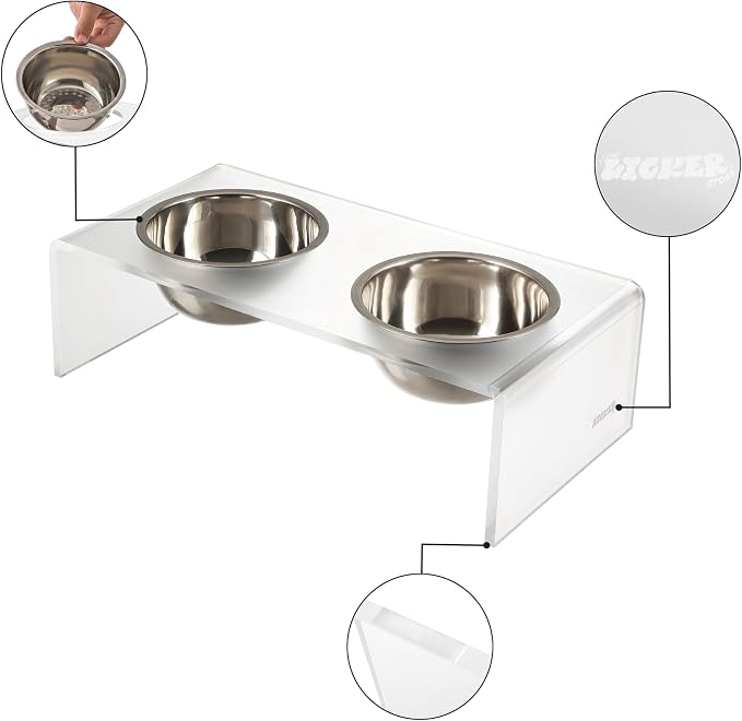 DBL2000K Keaton 5" Small/Medium Modern Acrylic Rectangular Elevated Pet Feeder with 20oz 2-Stainless Steel Bowls, Moon White/Chrome
