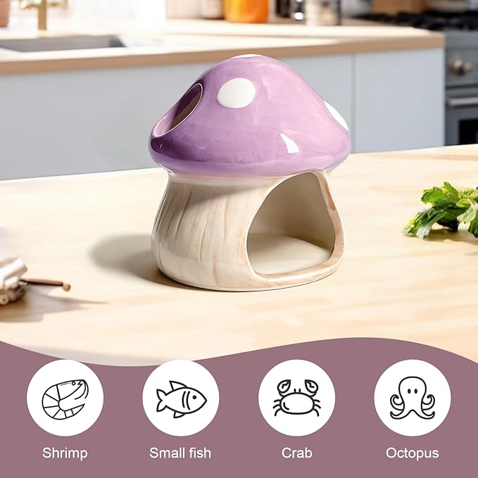 Betta Fish Tank Accessories, Ceramic Mushroom House Aquarium Decor - Cute Purple Hideout Cave Ornament for Small Fish, Shrimp, Goldfish, Hamsters & Reptiles (Purple)