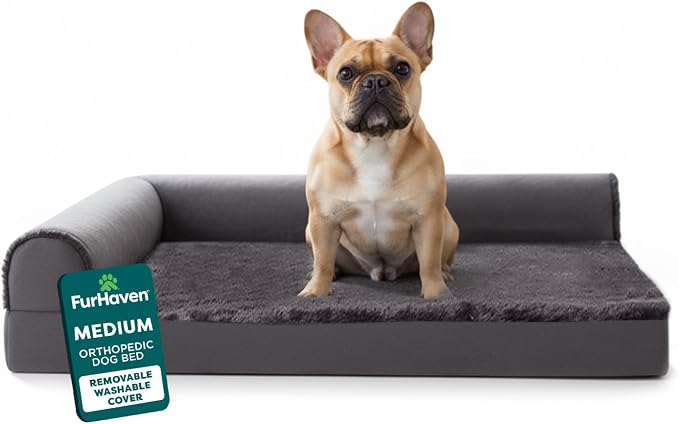 FurHaven Orthopedic Dog Bed for Medium Dogs, L-Shaped Chaise Mattress with Orthopedic Egg Crate & a Solid Orthopedic Foam Base for Joint Support, Washable Cover, Medium, Plush & Velvet, Platinum Gray