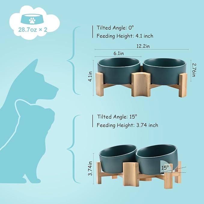 SPUNKYJUNKY 15° Slanted Ceramic Dog and Cat Bowl with Wooden Stand, Tilted Bulldog Food and Water Bowl No Slip Non-Spill for Cats Medium Dogs Big Face Pets 28.7 OZ (3.6 Cups, Green × 2)