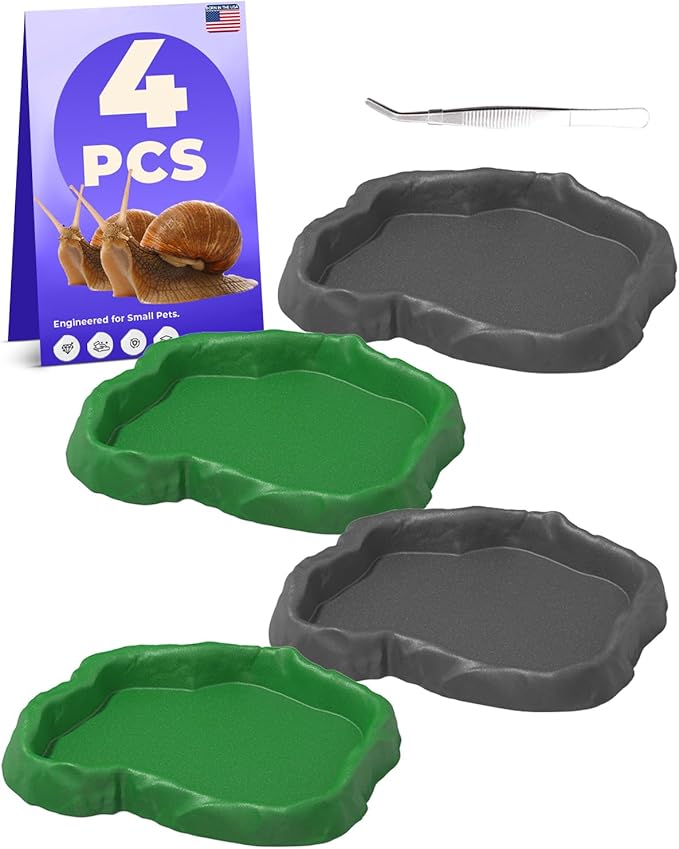 4Pcs Snail Food and Water Bowl, Reptile Water Dish and Food Bowl, Natural Design Terrarium Feeding Dish for Garden Snails, Hermit Crab, Lizard, Frog, Gecko (Black, Green)