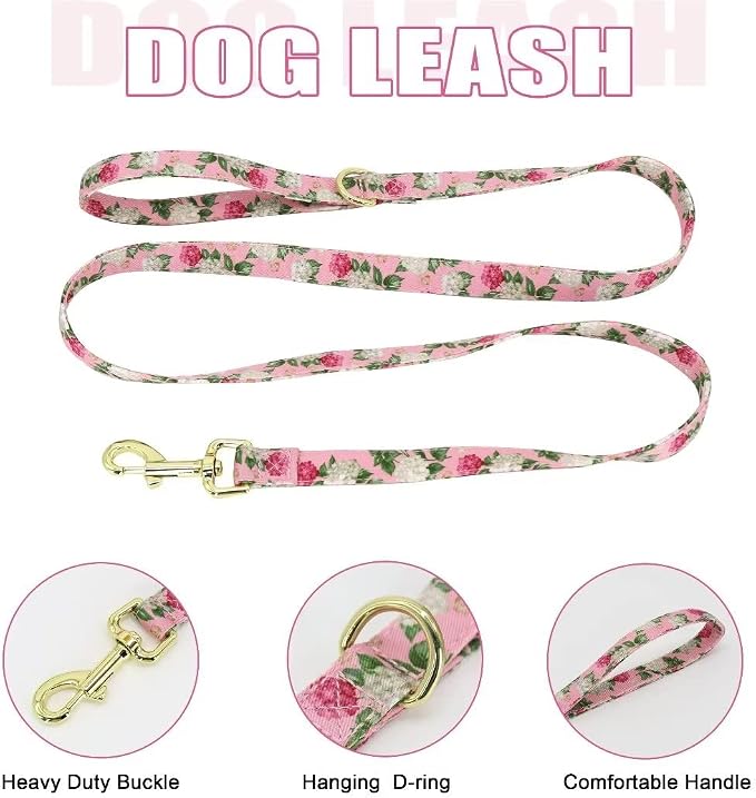 Beirui Cute Dog Collars,Harnesses,Leashes Set, Floral Pattern, Pink,M | Girl Dog Harness Set with Flower, Adjustable and Soft Mesh Lining, For Medium Dogs Daily Walks