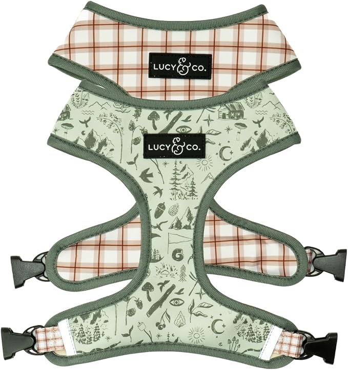 Lucy & Co. Reversible Dog Harness - Water-Repellent Neoprene, Dual-Print Design, Easy Swap Style, Adjustable Comfort Fit - Camp Out Reversible Harness - Medium