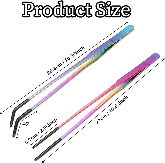 2PCS Stainless Steel Reptile Feeding Tongs with Rubber Tip, 10.6" Straight & Curved Long Tweezers, Perfect for Aquariums & Crafts - Ideal Bearded Dragon & Snake Tank Accessories, Terrarium Supplies