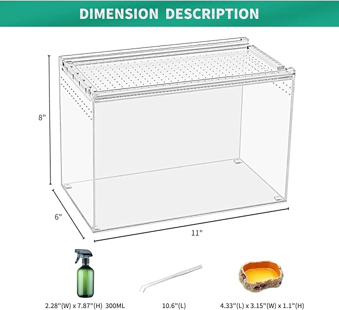 Reptile Terrarium kit,11"*6"*8" Reptile Breeding Box, Magnetic Acrylic Enclosure，for Tarantula，Hermit Crab，Jumping Spider，Iguana，Leopard Gecko，Bearded Dragon, Insect, Mantis, Scorpions.