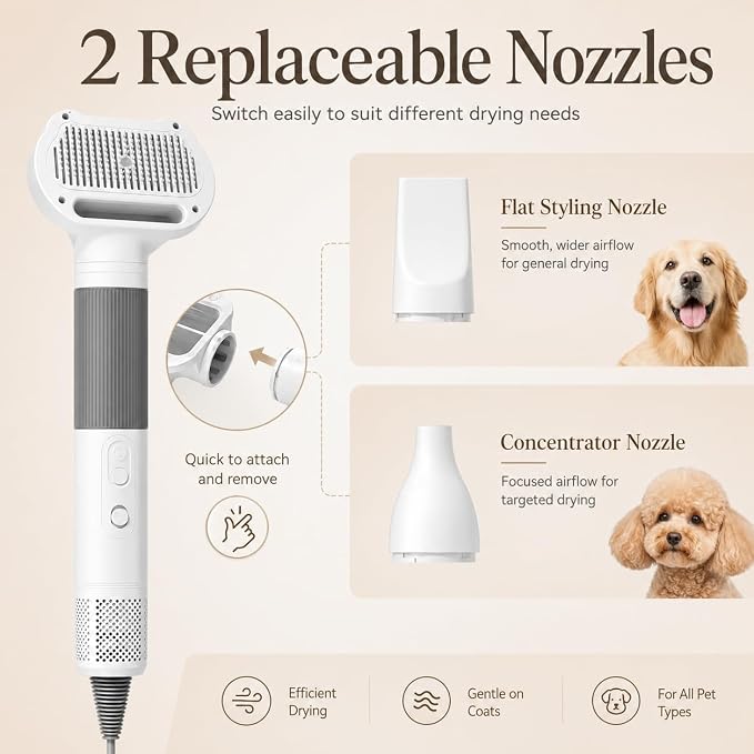 Pet Hair Dryer with Grooming Brush, Dog Blow Dryer, 3-in-1 Cat Blower, Grey | 110,000 RPM Pet Blower with One-Click Hair Removal, 3 Heat & 2 Speed Settings for Professional Home Grooming