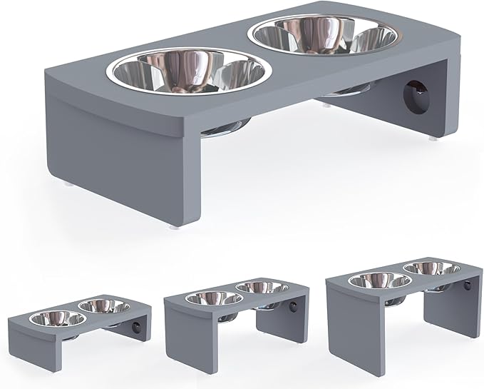 Elevated Dog Bowls, Bamboo Raised Dog Bowl for Dogs, with 2 Stainless Steel Bowls (Grey, Small: 4'' Tall-20oz Bowl)