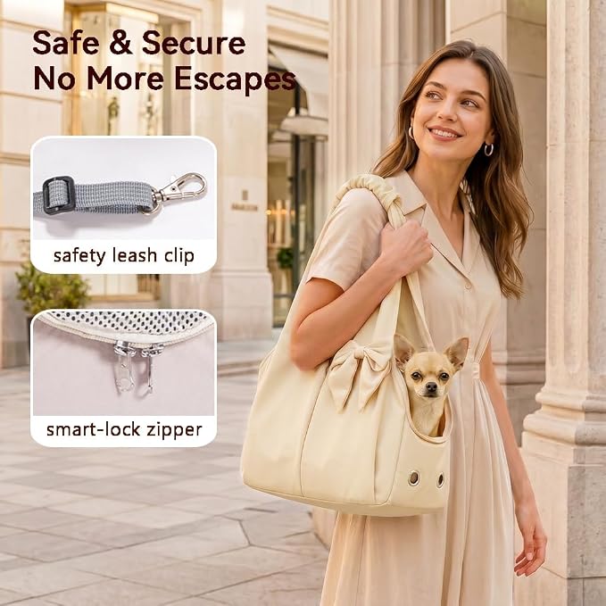 Fashion Dog Purse Carrier for Small Dogs and Cats, Soft-Sided Puppy Tote Bag Under 15 lbs, Lightweight Pet Carrier with 4 Pockets, Smart Zipper Lock, Pet Travel Bag for Travel Outdoor(Beige)