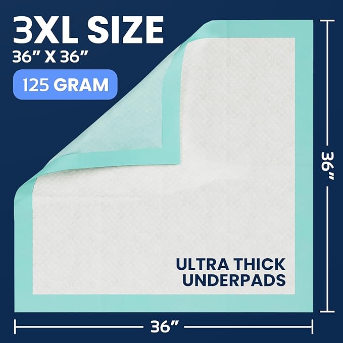 AllSett Health Incontinence Bed Pads Disposable 3XL 36"x 36"(50 Pack), White – 125 Gram Super Absorbent Waterproof Liner, Pee Pads for Adults - Chucks Pads