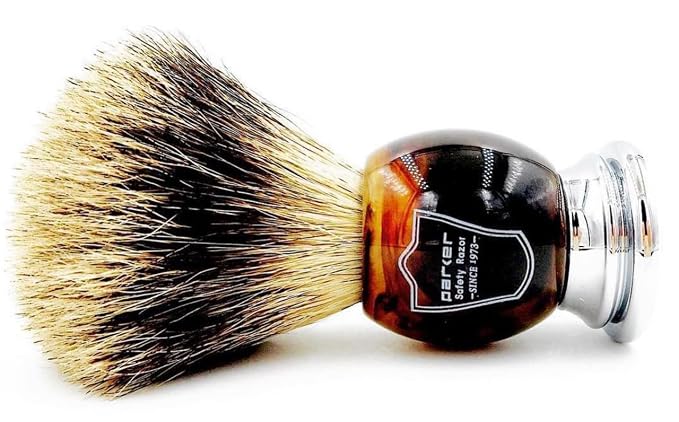 Parker 3-Band Pure Badger Shaving Brush with Faux Horn & Chrome Handle + Stand | 22mm Soft Knot for Dense Lather | Handcrafted Wet Shaving Brush for Cream or Soap | Long Loft
