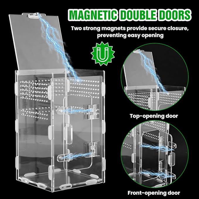 Jumping Spider Terrarium, Complete Acrylic Habitat Kit with Dual Doors, Feeding Tools for Spiders, Tarantulas, Mantis, Small Reptiles, 4.7x4.7x7.9 Inch