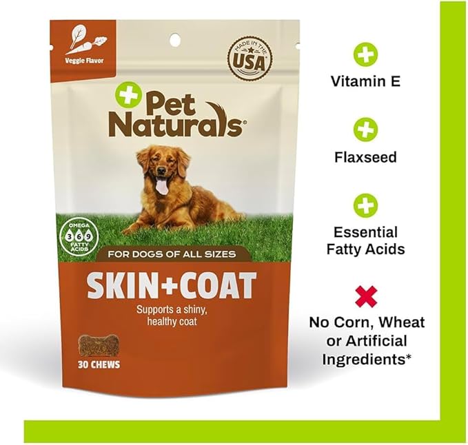 Pet Naturals Skin and Coat for Dogs, Bite-Sized Soft Chews, Salmon Oil and Omega Fatty Acids, Soothe Dry and Itchy Skin, No Corn or Wheat, Vet Formulated, Veggie Flavor, 30 Count