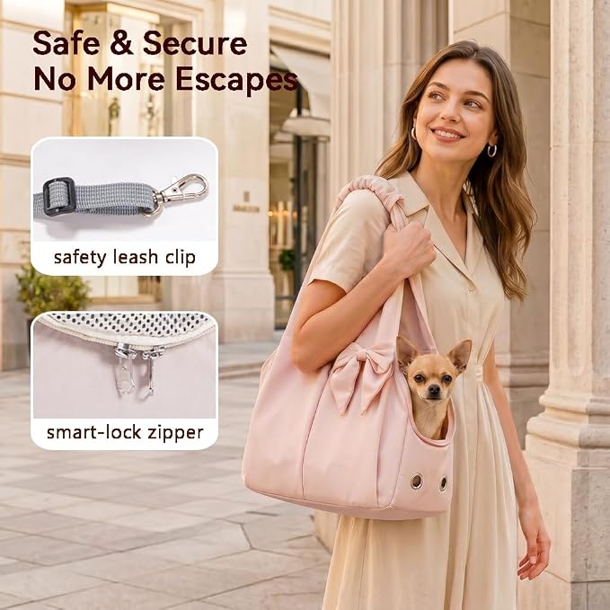 Fashion Dog Purse Carrier for Small Dogs and Cats, Soft-Sided Puppy Tote Bag Under 15 lbs, Lightweight Pet Carrier with 4 Pockets, Smart Zipper Lock, Pet Travel Bag for Travel Outdoor(Pink)