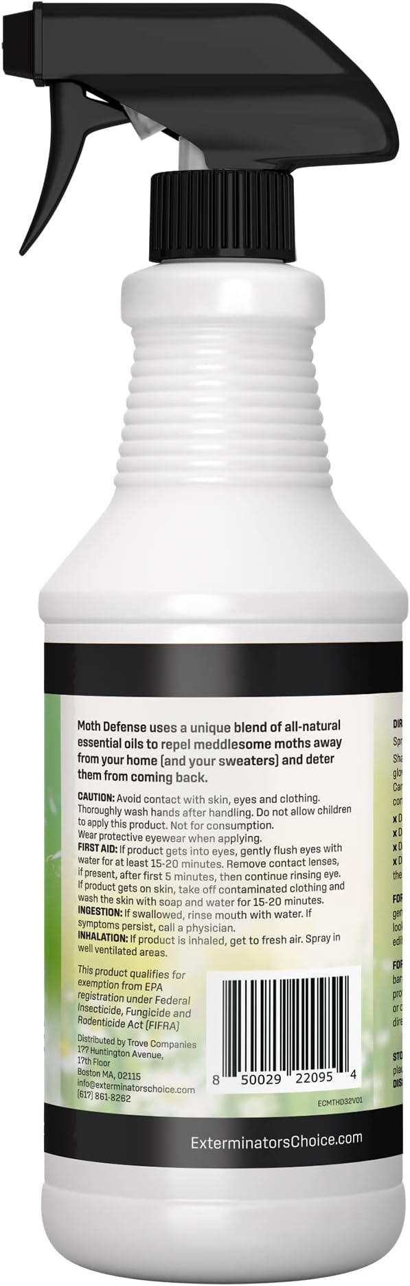 Exterminators Choice Moth Defense Spray - 32 Fl Oz - Natural Lemongrass & Citronella Formula - Animal Safe Moth Spray for Indoor & Outdoor Yard - Anti-Clothing & Fabric Treatment