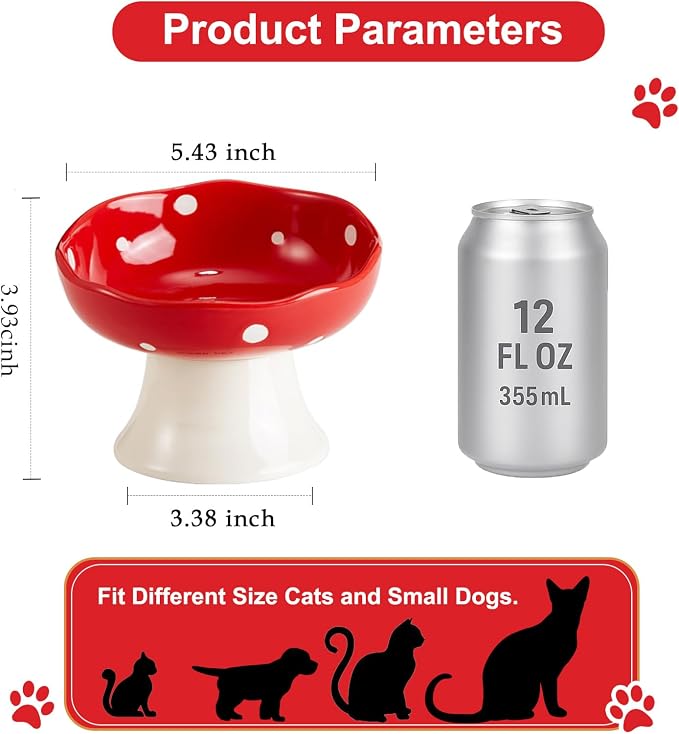 Red Mushroom Cat Bowl, Elevated Ceramic Bowl for Cats | Cute Mushroom, Elevated, Ceramic, Whisker Friendly, Wide Opening, Stable, Easy Clean