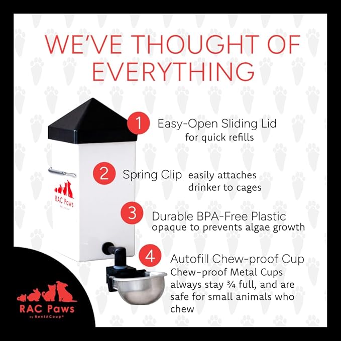 RentACoop No-Drip 32oz Small Animal Drinking Bottle with Auto-Fill Metal Cup for Small Pet/Bunny/Ferret/Hamster/Guinea Pig/Rabbit/Chinchilla/Mouse/Rat. Food Grade Plastic (Pack of 2)