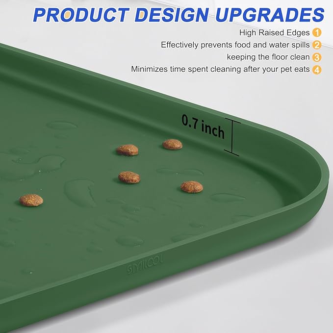 SMILOOL Waterproof Silicone Pet Food Mat with Raised Edge for Dog & Cat | 19" x 12" Non-Slip Pet Feeding Mats with Lip for Food & Water Bowl, Food Grade, Easy Cleaning, Dark Olive