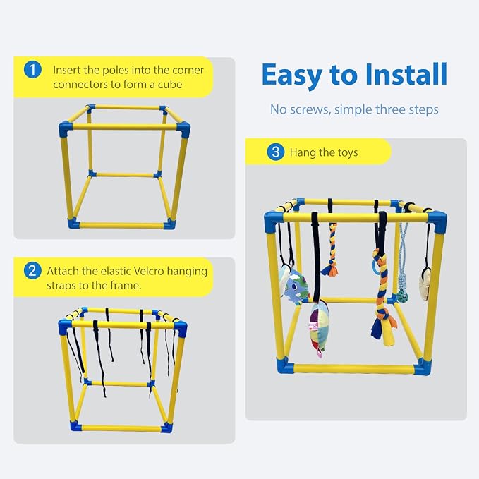 Puppy Play Gym with 8 Hanging Toys, Small Dogs Indoor Enrichment Jungle Gym | PVC Frame with Bungee Straps Playgym Activity Center,with Teething Toys,Fleece Tug Toys,Squeaky Toys,19.5*19.5*19.5in
