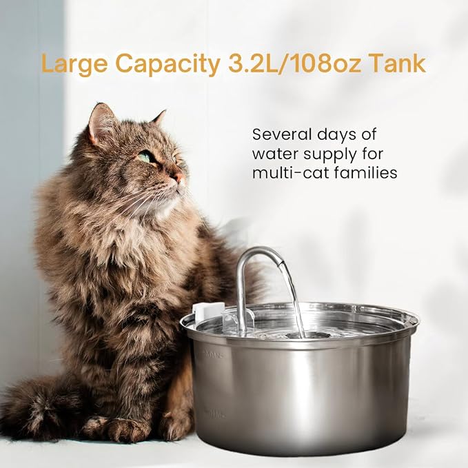 KittySpout Stainless Steel Cat Water Fountain Automatic Drinking Fountain, Quiet Circulating Water Bowl, Dishwasher Safe, Indoor Pet Fountain for Hydrated Healthy Cats (Stainless Steel, 3.2L Corded)