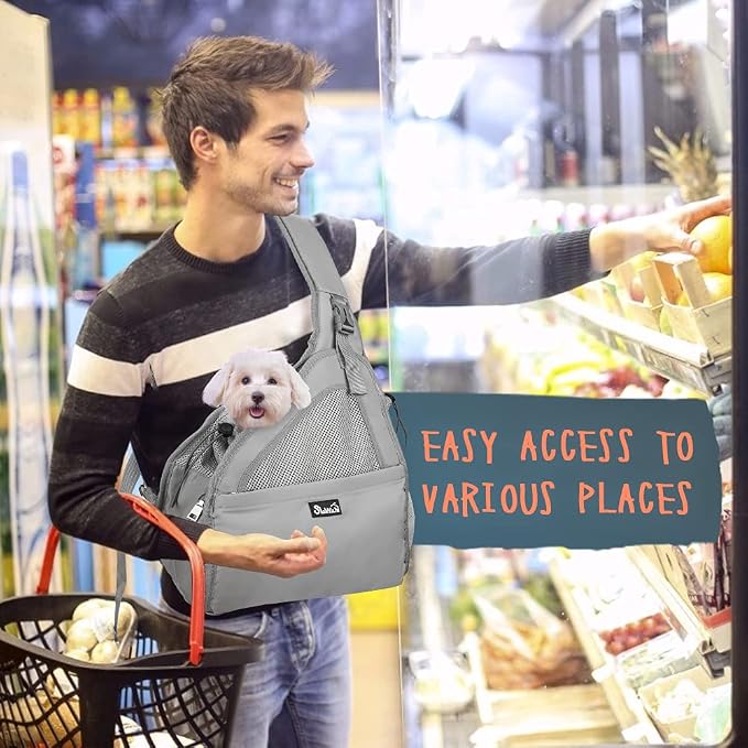SlowTon Dog Sling Carrier, Hands Free Hard Bottom for Small Dogs up to 6 lb | Breathable Mesh Support, Adjustable Padded Strap, with Pocket Safety Belt, Machine Washable, for Small Animal Puppy, Grey