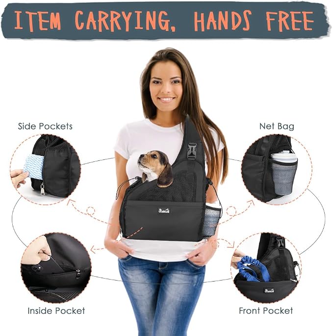 SlowTon Dog Sling Carrier, Hands Free Hard Bottom for Small Dogs up to 6 lb | Breathable Mesh Support, Adjustable Padded Strap, with Pocket Safety Belt, Machine Washable, for Short Legs Small Animal
