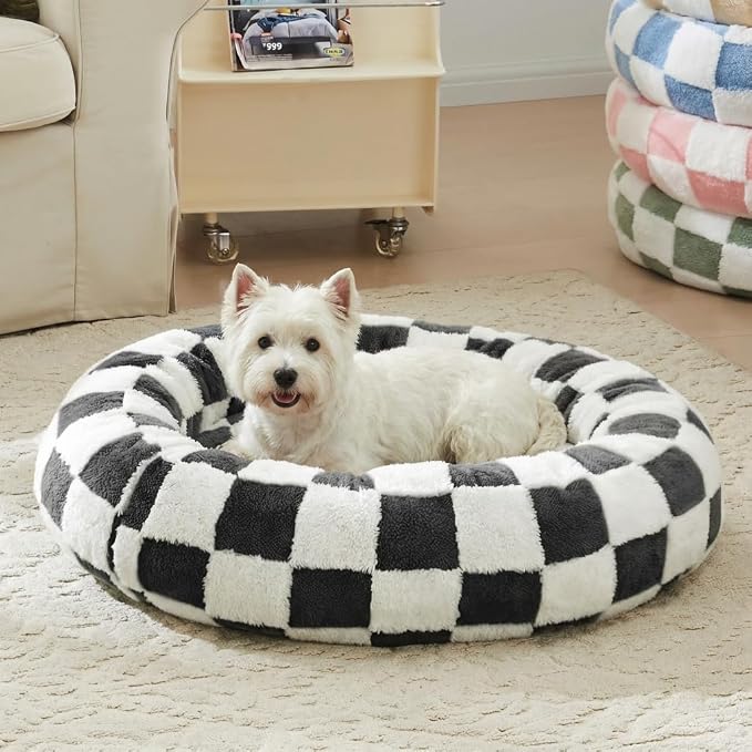 Ohocut Checkered Dog Bed, Cute Black White Retro Style Aesthetic Round Warming Pet Calming Beds for Small Dog and Cats, Plush Cozy Donut Dog Beds Washable, 30" L x 30" W x 8" Th