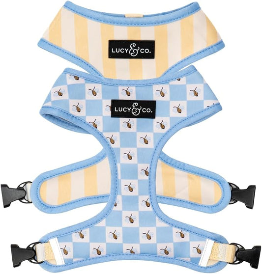 Lucy & Co. Reversible Dog Harness - Water-Repellent Neoprene, Dual-Print Design, Easy Swap Style, Adjustable Comfort Fit - Bumbling Around Reversible Harness - Small