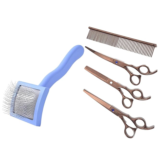 We Love Doodles Small Curved Slicker Brush and Grooming Scissors Kit Bundle - Soft Pin Goldendoodle Brush and Dog Grooming Scissors Kit - for Dematting & Shedding - Made in USA