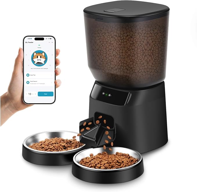 Automatic Cat Feeders for Two Cats, 5L/20 Cups Double Automatic Cat Food Dispenser with 2 Stainless Bowls, Timer Setting 20 Portions 6 Meals Per Day, 10s Meal Call (WiFi丨 Black)