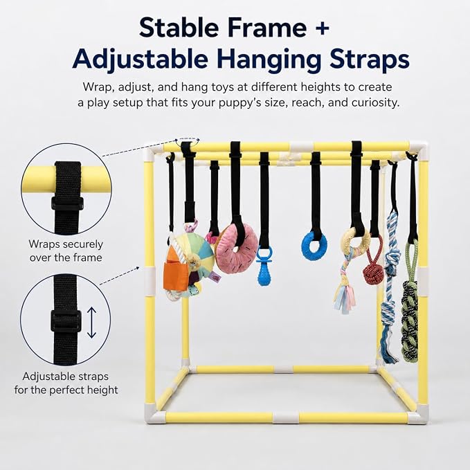 Puppy Play Gym with 17 Hanging Toys, Small Dog Indoor Enrichment Jungle Gym | Interactive Activity Center for Energetic Puppies & Cats, Teething Squeaky Toys, Bungee Straps & 22 in PVC Frame Playground