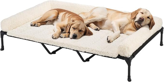 Veehoo Orthopedic Elevated Dog Bed Add Removable Deluxe Rose Plush Bolster Cushion Mat, 59" x 37" Washable Dog Couch Bed, Raised Pet Cot with Breathable Teslin Mesh, No-Slip Feet, White, CWC2439B