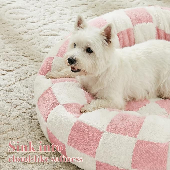 Ohocut Checkered Dog Bed, Cute Girly Pink Retro Style Aesthetic Round Warming Pet Calming Beds for Small Dog and Cats, Plush Cozy Donut Dog Beds Washable, 30" L x 30" W x 8" Th