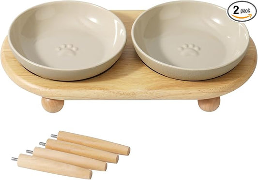 Havniva Cat Bowls Elevated 6” Ceramic Cat Bowl with Stand Whisker Friendly Shallow Cat Dishes, Cat Food & Water Bowl Set with Two Height Options, Anti-Slip Raised Cat Food Bowl for Kittens