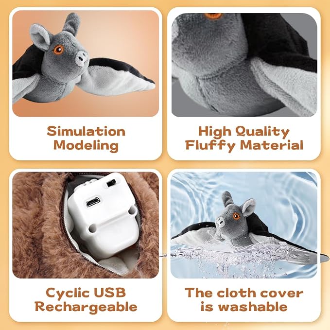 Flying Bat Dog Toy, Interactive Flying Bat Toy for Dogs with Flapping Wings, Chirping Sounds, USB Rechargeable, Touch Activated, Hanging or Floor Toy for Dogs, Puppies and Cats to Reduce Boredom，3 PCS