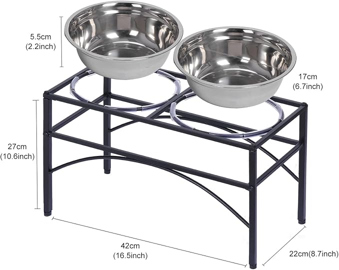 Elevated Dog Bowls Raised Pet Feeder Cat Food Water Diner Stand Set | W/ 2 Removable Stainless Steel Bowls for Medium-Sized Dogs 10.62" in Height Protect Your Pets' Spine
