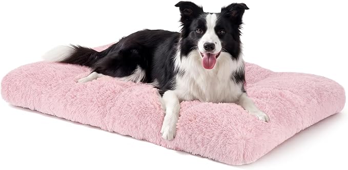 JOEJOY Large Dog Bed Crate Pad, Deluxe Plush Washable Dog Beds Fulffy Soft Kennel Pad Anti-Slip Pet Sleeping Mat for Large Medium Small Dogs, 35" x 23", Pink