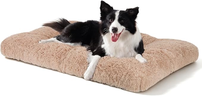 JOEJOY Large Dog Bed Crate Pad, Deluxe Plush Washable Dog Beds Fulffy Soft Kennel Pad Anti-Slip Pet Sleeping Mat for Large Medium Small Dogs, 35" x 23", Beige