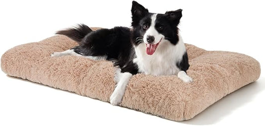 JOEJOY Large Dog Bed Crate Pad, Deluxe Plush Washable Dog Beds Fulffy Soft Kennel Pad Anti-Slip Pet Sleeping Mat for Large Medium Small Dogs, 35" x 23", Beige