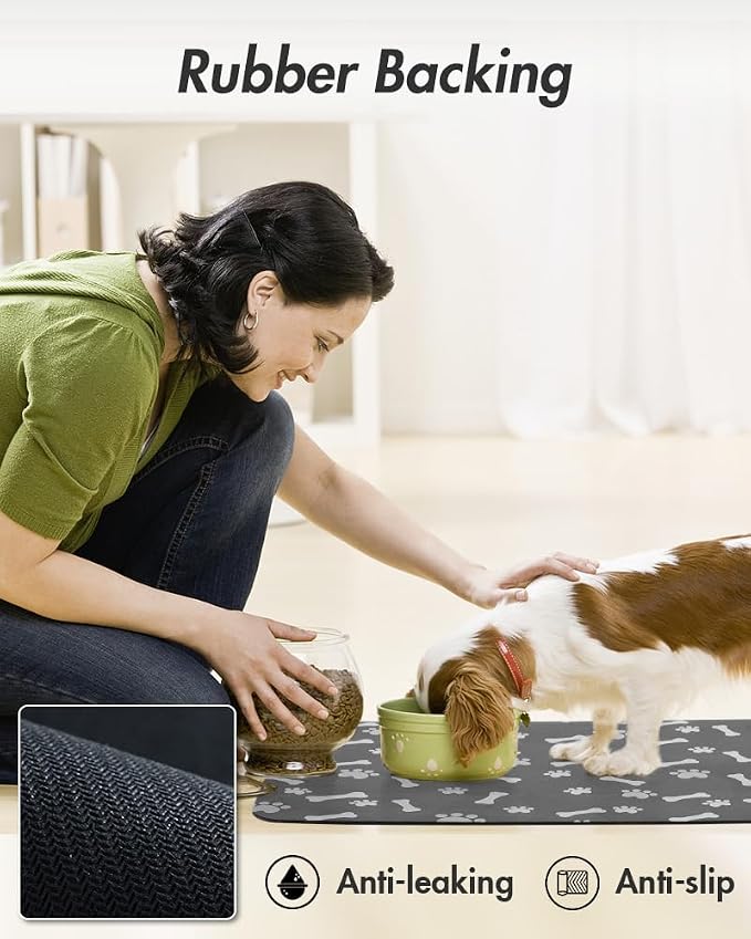 MontVoo Dog Food Mat-Pet Feeding Mat for Food and Water-No Stains Quick Dry Dispenser Cat Bowl Mat for Messy Drinkers(17"x28", Dark Grey)