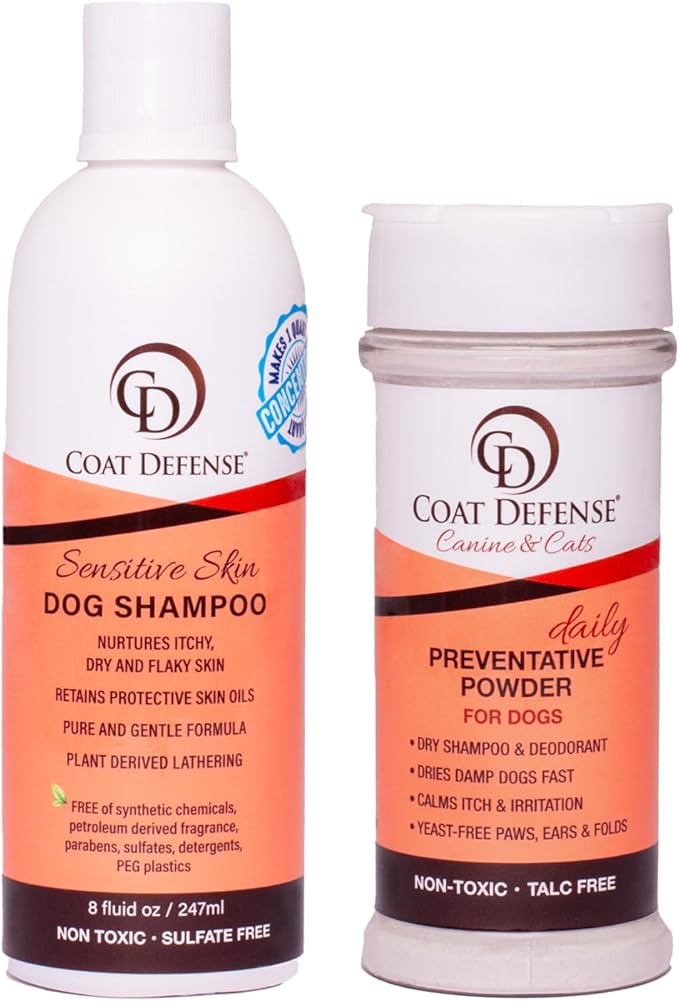 COAT DEFENSE Paw Licker Bundle | Daily Preventative Powder & Shampoo for Allergies and Itching | Yeast Infection Treatment for Dogs | Dog Shampoo Itchy Skin Relief | Dry Shampoo Yeast Powder for Dogs