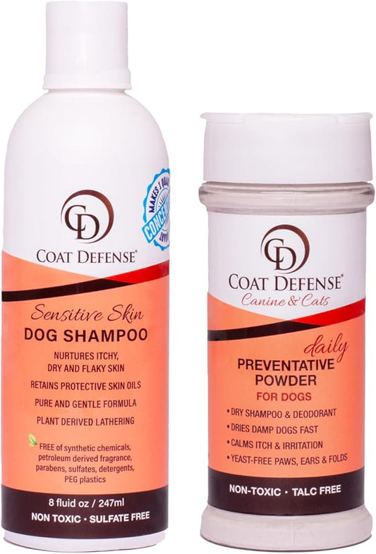 COAT DEFENSE Paw Licker Bundle | Daily Preventative Powder & Shampoo for Allergies and Itching | Yeast Infection Treatment for Dogs | Dog Shampoo Itchy Skin Relief | Dry Shampoo Yeast Powder for Dogs