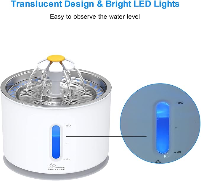 Wonder Creature Fontaine à eau en acier inoxydable pour chat, fontaine à chat de 2,4 L avec fenêtre de niveau d'eau et lumière LED pour alerte de manque d'eau, fontaine pour chat et chien avec 3 filtres et 1 tapis