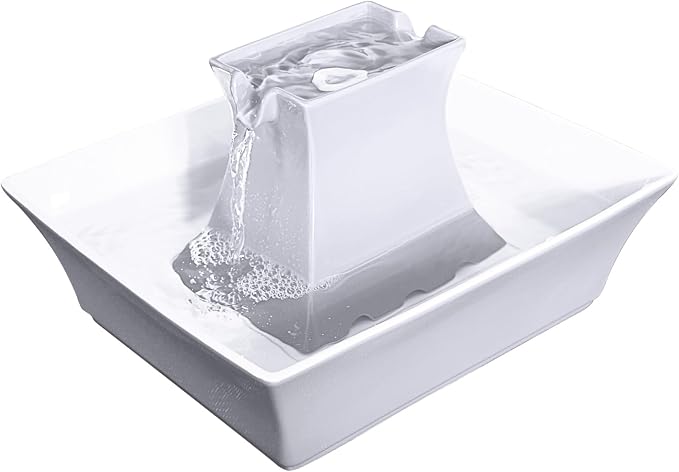 PetSafe Drinkwell Pagoda Fountain - 70 oz Ceramic, White - Filters Incl. | 2 Free-Falling Water Streams Encourage Hydration, Open Bowl Design, Replaceable Carbon & Foam Filters
