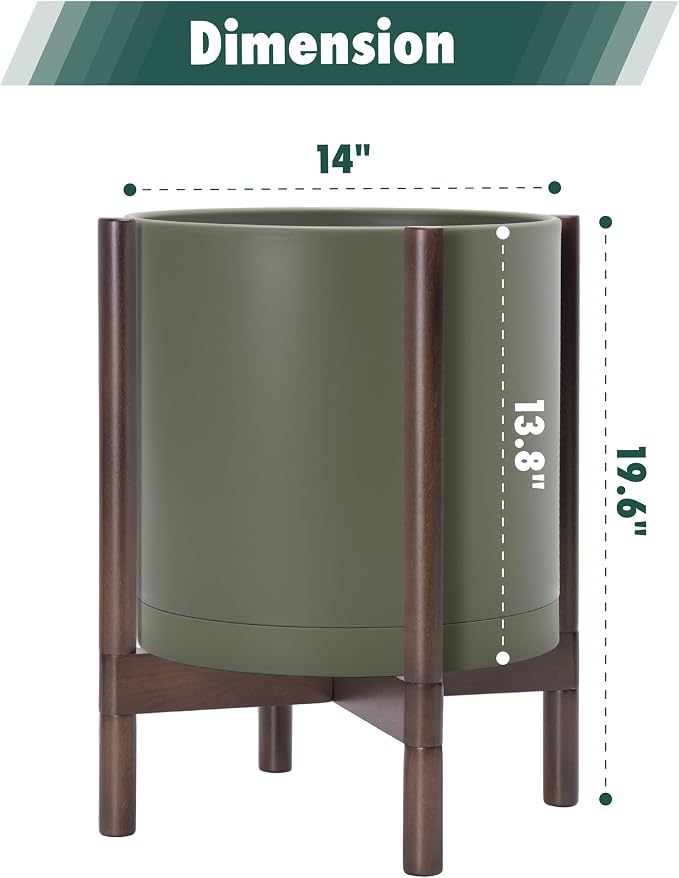 D'vine Dev Plastic Pot with Walnut Wood Stand, Olive, 14 in, 55-C-R-4 | Mid-Century Inspired Design, Elevated Plant Display, Clean Lines, Sturdy Support, Modern Space-Saving Style