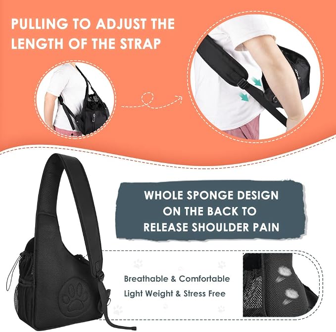 SlowTon Dog Sling Carrier, Hands Free Hard Bottom for Small Dogs up to 11lb | Breathable Mesh Support, Adjustable Padded Strap, with Pocket Safety Belt, Machine Washable, for Small Animal Puppy, Black