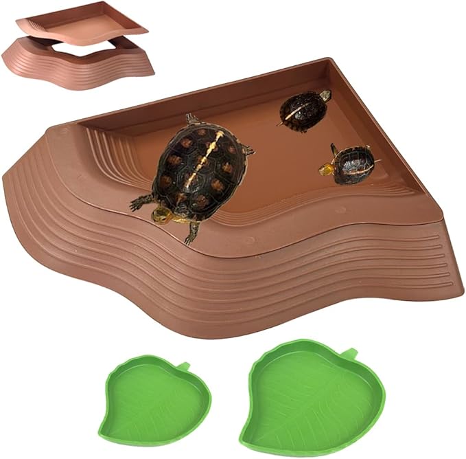 3 Pcs Large Tortoise Water Dish with Ramp Leaf Tortoise Water Food Bowls Reptile Water Dish Amphibians Habitat Accessories for Lizard Turtle Horned Frog Brown